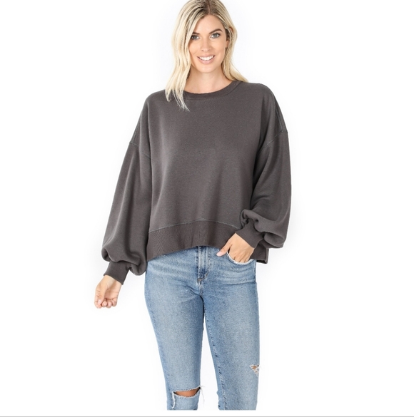 Zenana Outfitters Sweaters - Zenana Charcoal Balloon Sleeve Sweatshirt Oversized Pullover Sizes:‎ S–3X
